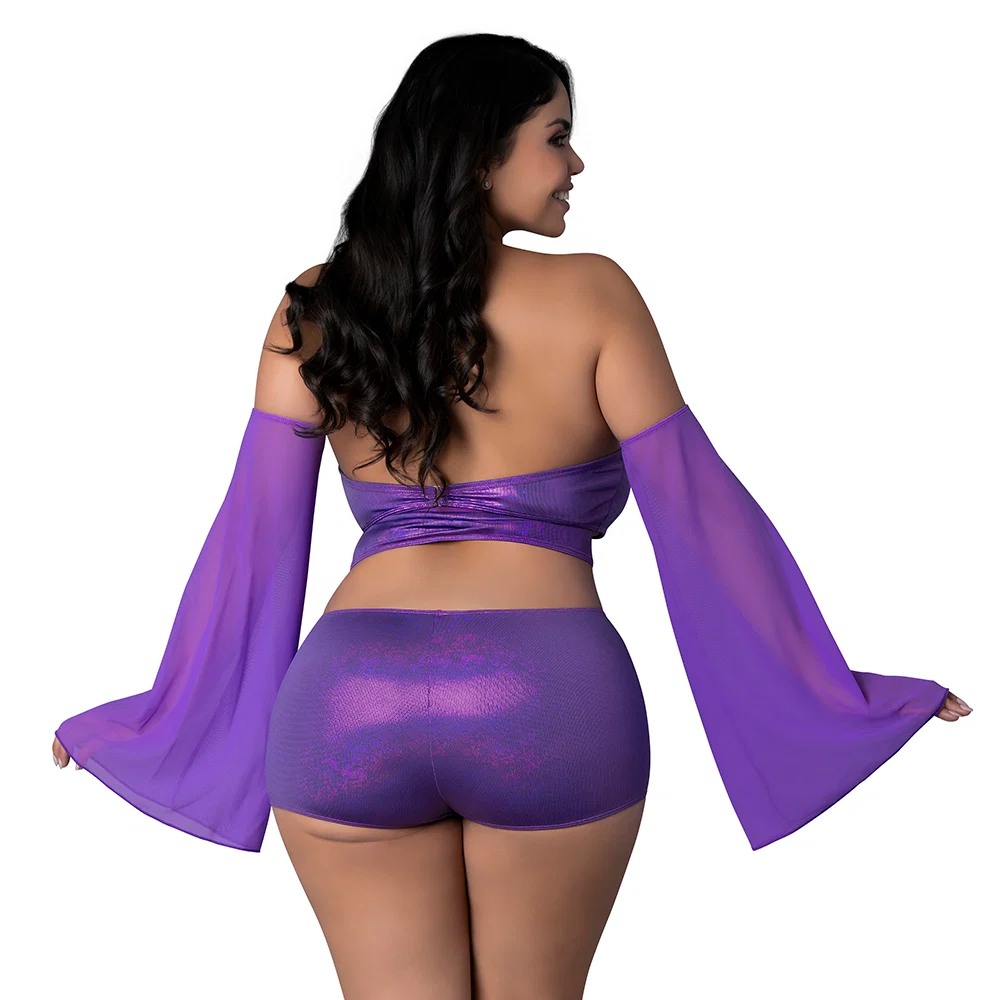 Magic Silk Glimmer Wrap Bralette, Booty Shorts & Sleeve Set Purple Disco Queen Size - Image 8