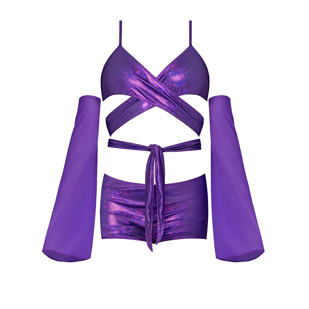 Magic Silk Glimmer Wrap Bralette, Booty Shorts & Sleeve Set Purple Disco Queen Size - Image 9