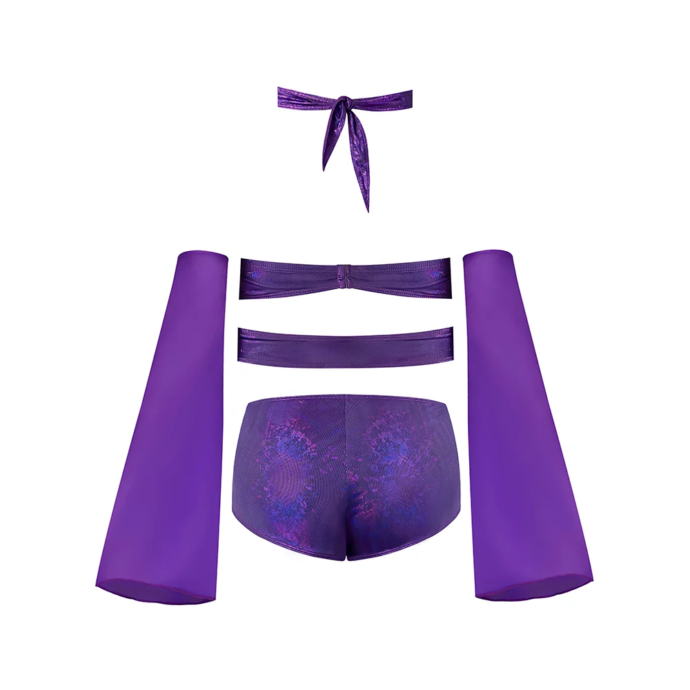Magic Silk Glimmer Wrap Bralette, Booty Shorts & Sleeve Set Purple Disco Queen Size - Image 10