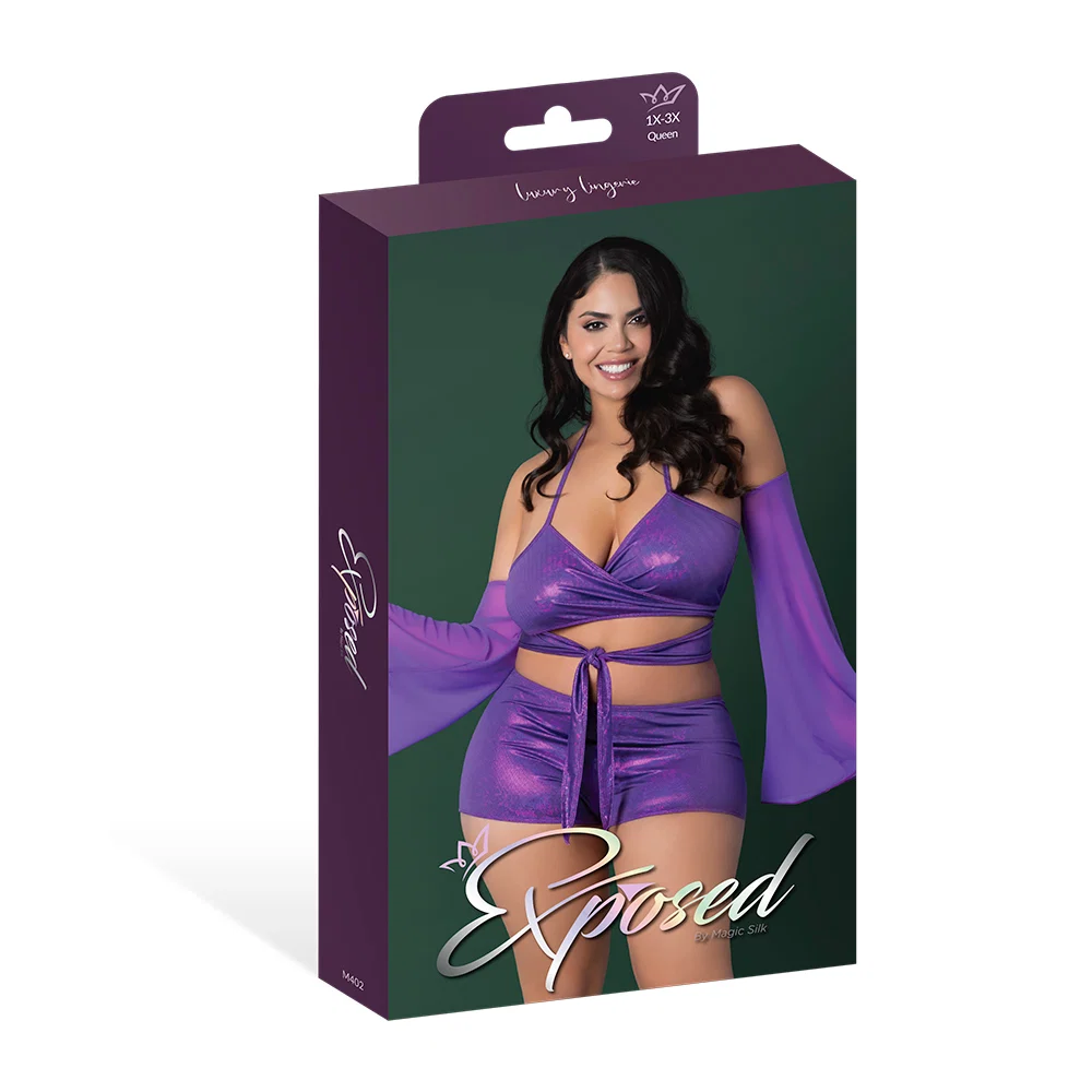 Magic Silk Glimmer Wrap Bralette, Booty Shorts & Sleeve Set Purple Disco Queen Size - Image 11