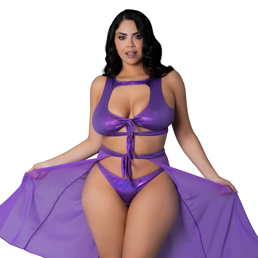 Magic Silk Glimmer High Neck Crop Top, Flowy Skirt & Tanga Set Purple Disco Queen Size - Image 7