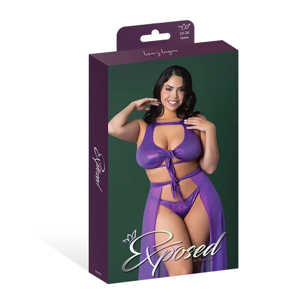 Magic Silk Glimmer High Neck Crop Top, Flowy Skirt & Tanga Set Purple Disco Queen Size - Image 9