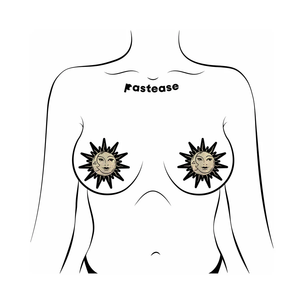Pastease Sunburst: Sun & Moon Faces on Gold Glitter Sun Pasties - Image 2