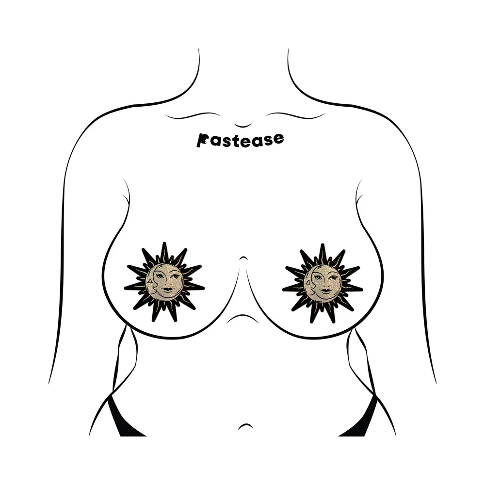Pastease Sunburst: Sun & Moon Faces on Gold Glitter Sun Pasties - Image 3