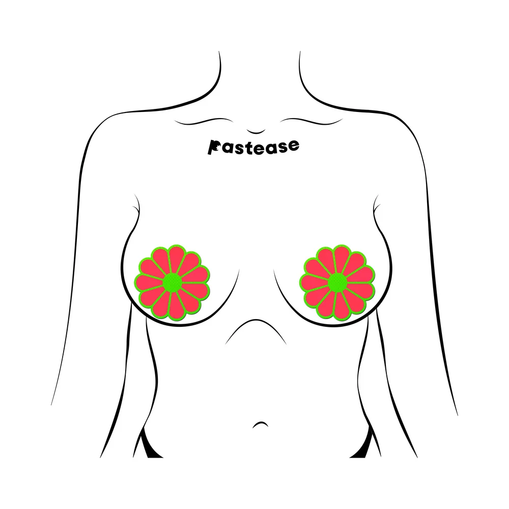 Pastease Daisy: Neon Green & Glow-in-the-Dark Neon Pink Petal Pasties Nipple Covers - Image 2