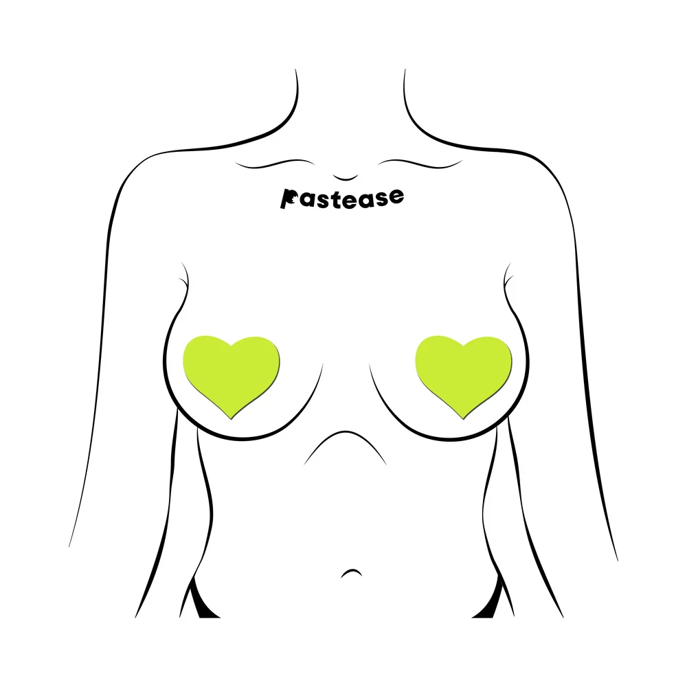 Pastease Love: Glow-in-the-Dark Neon Yellow Heart Pasties Nipple Covers - Image 2