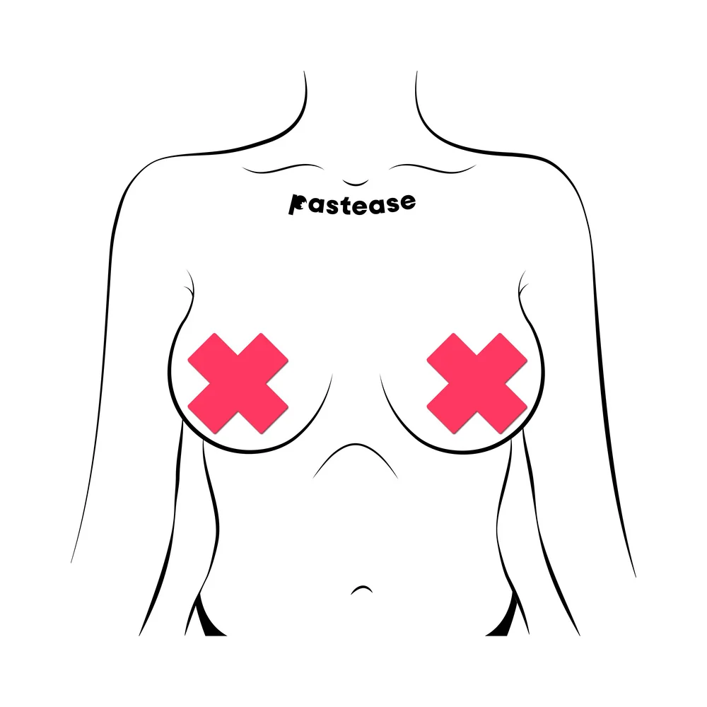 Pastease Plus X: Glow-in-the-Dark Neon Pink Cross Pasties Nipple Covers - Image 2