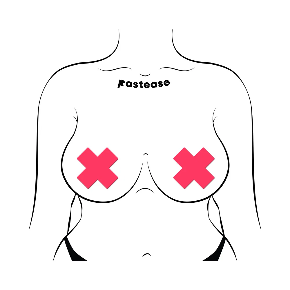 Pastease Plus X: Glow-in-the-Dark Neon Pink Cross Pasties Nipple Covers - Image 3