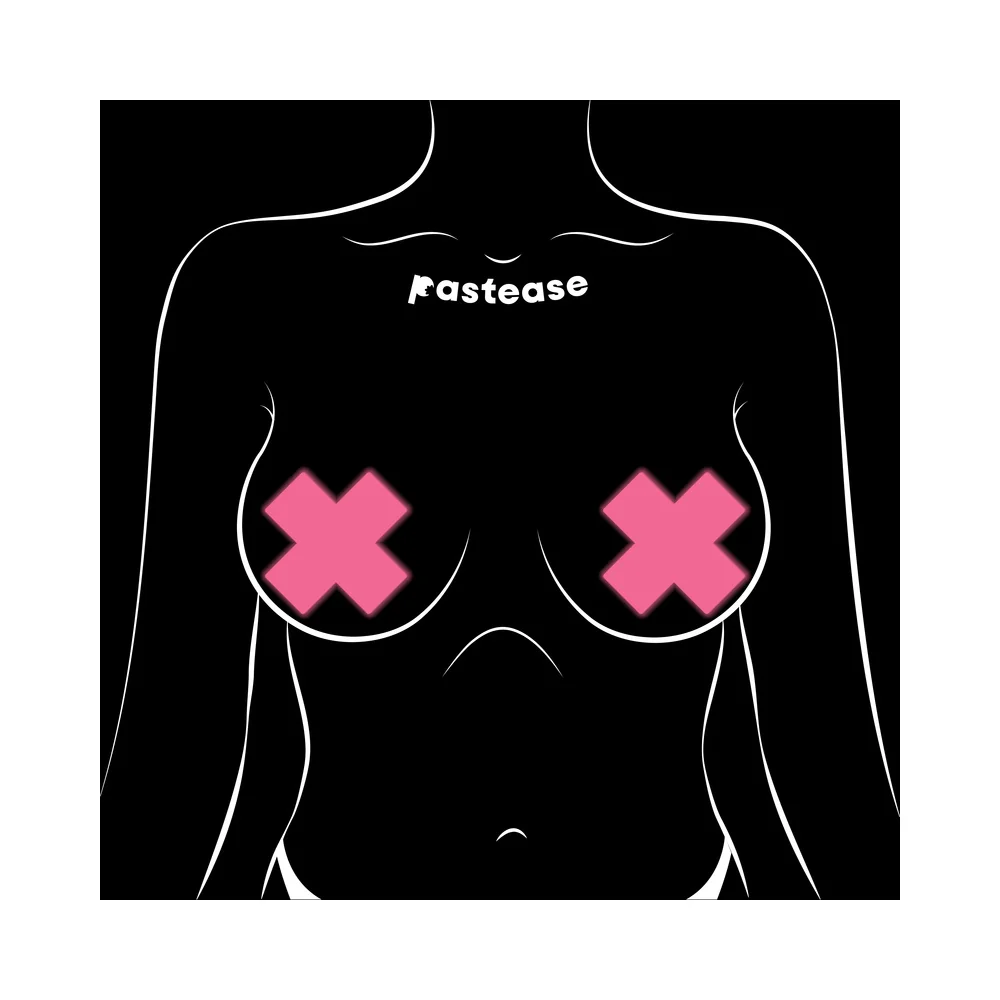 Pastease Plus X: Glow-in-the-Dark Neon Pink Cross Pasties Nipple Covers - Image 5