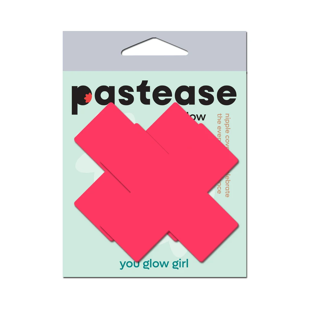 Pastease Plus X: Glow-in-the-Dark Neon Pink Cross Pasties Nipple Covers - Image 7