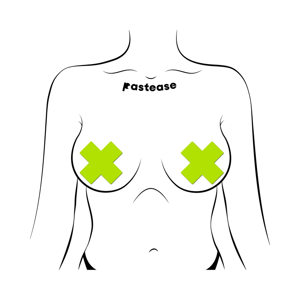 Pastease Plus X: Glow-in-the-Dark Neon Yellow Cross Pasties Nipple Covers - Image 2