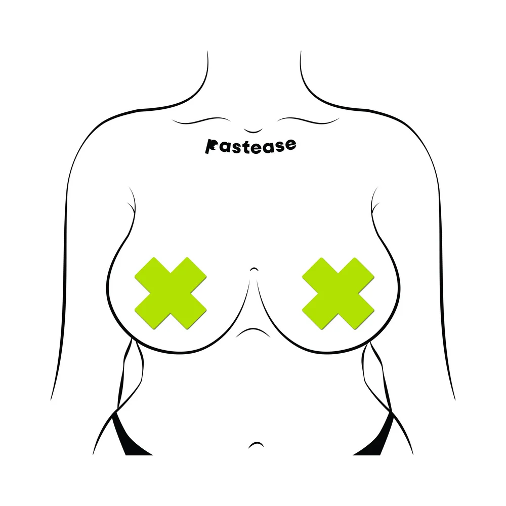 Pastease Plus X: Glow-in-the-Dark Neon Yellow Cross Pasties Nipple Covers - Image 3