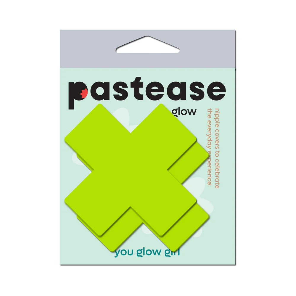 Pastease Plus X: Glow-in-the-Dark Neon Yellow Cross Pasties Nipple Covers - Image 7