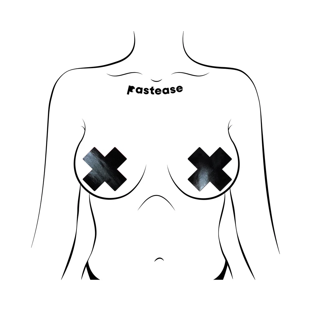 Pastease Plus X: Faux Latex Pleather Vinyl Black Cross Pasties - Image 2
