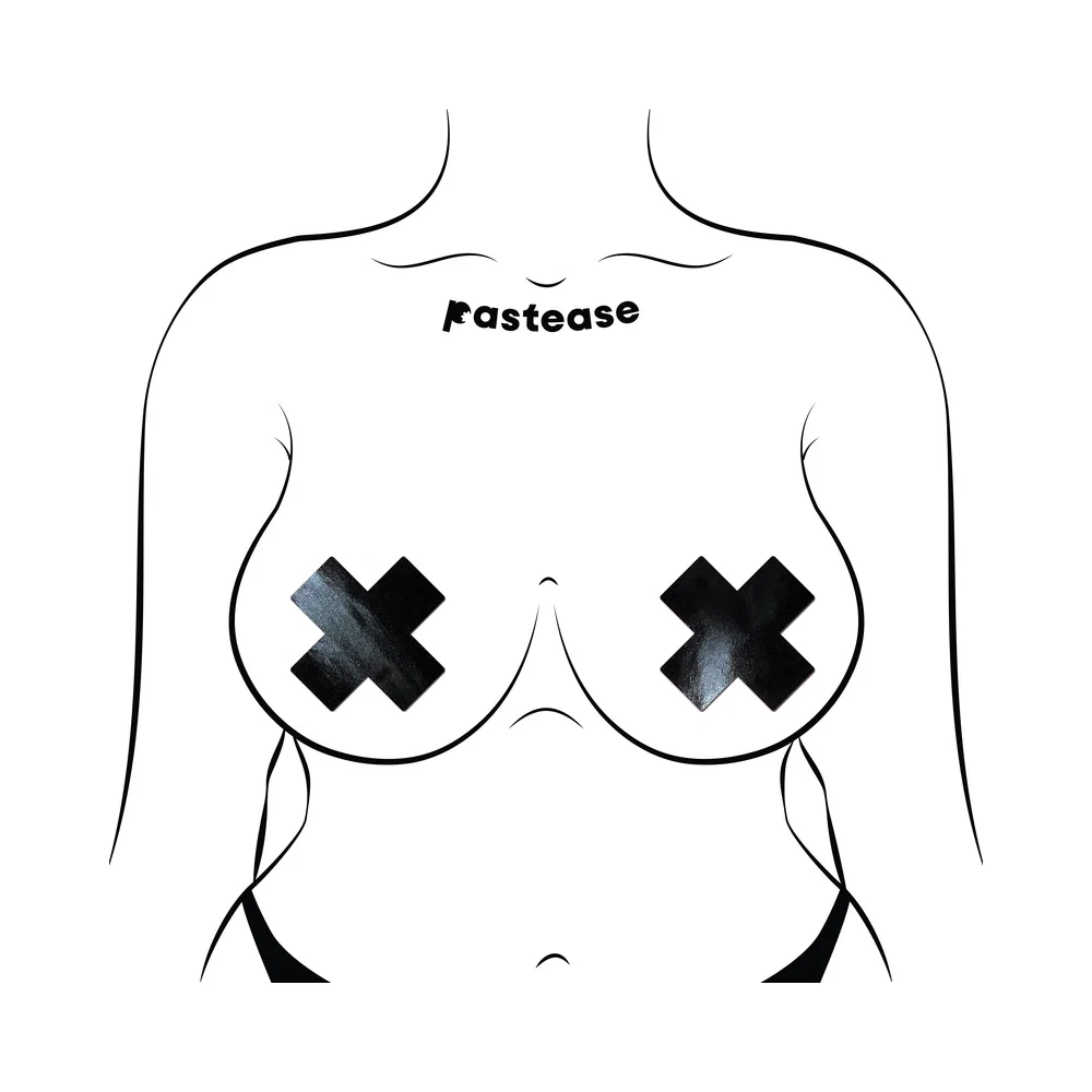 Pastease Plus X: Faux Latex Pleather Vinyl Black Cross Pasties - Image 3
