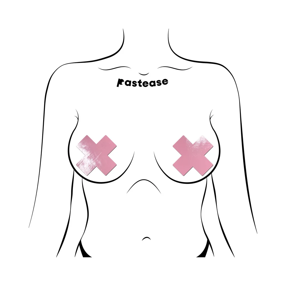 Pastease Plus X: Faux Latex Pleather Vinyl Baby Pink Cross Pasties - Image 2
