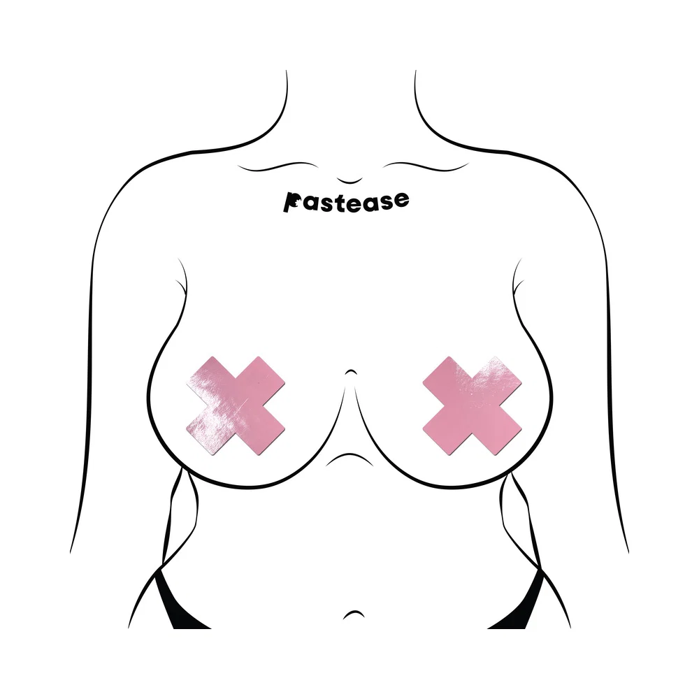 Pastease Plus X: Faux Latex Pleather Vinyl Baby Pink Cross Pasties - Image 3