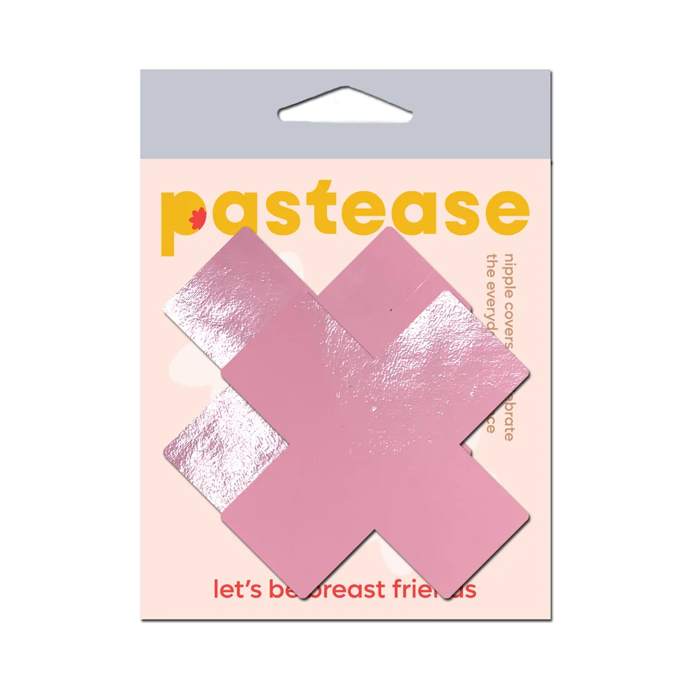 Pastease Plus X: Faux Latex Pleather Vinyl Baby Pink Cross Pasties - Image 5