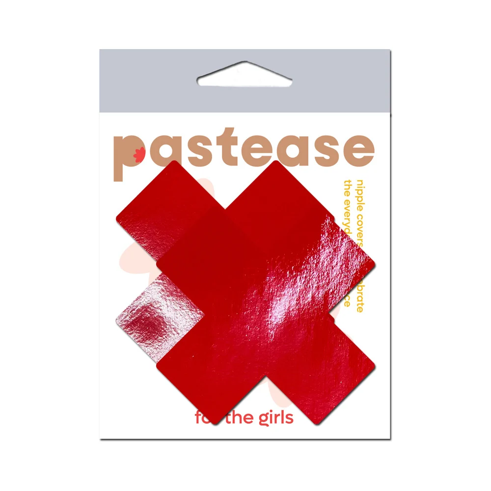 Pastease Plus X: Faux Latex Pleather Vinyl Red Cross Pasties - Image 5