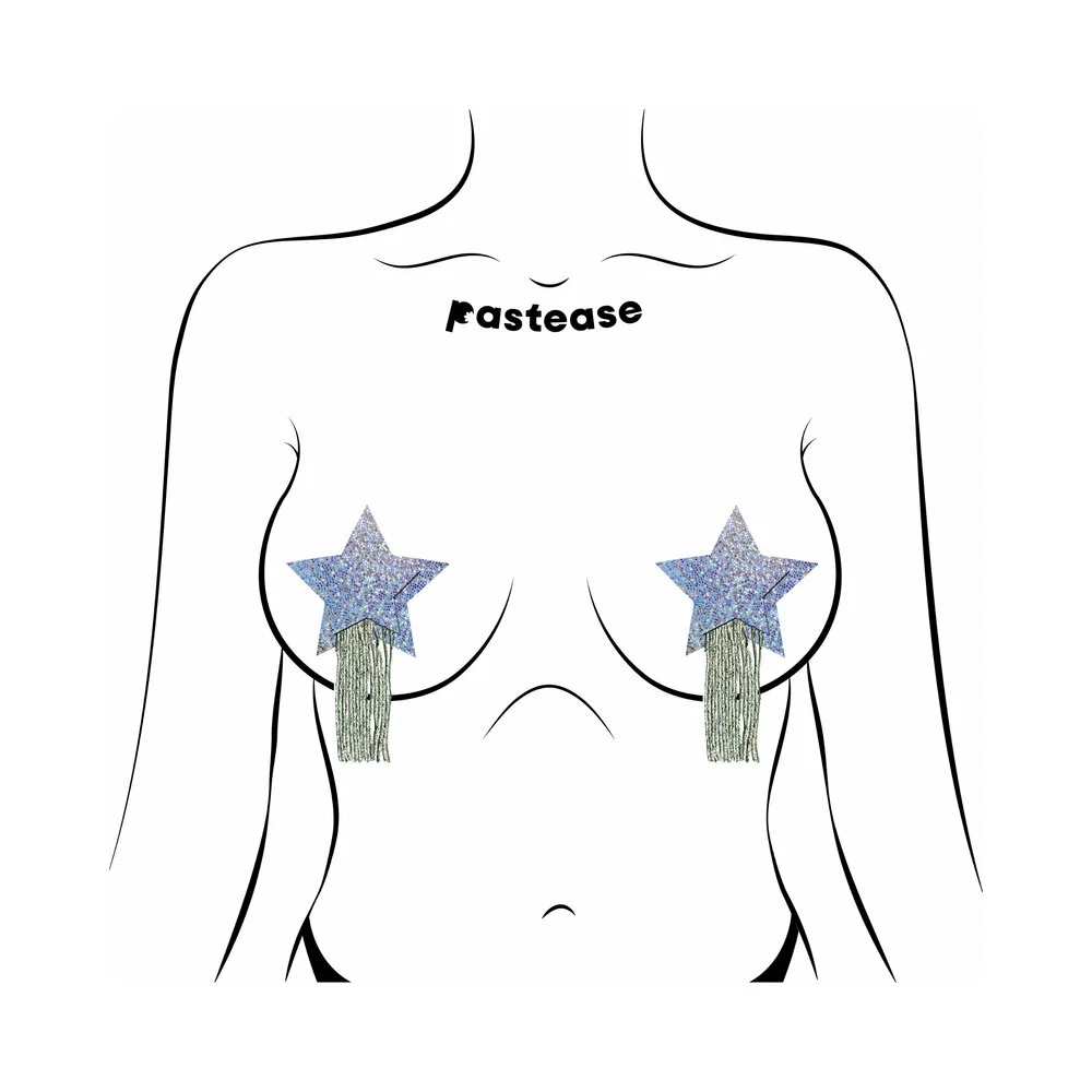 Pastease Star: Tassel Pasties: Silver Glitter Star with Fringe Pasties - Image 2