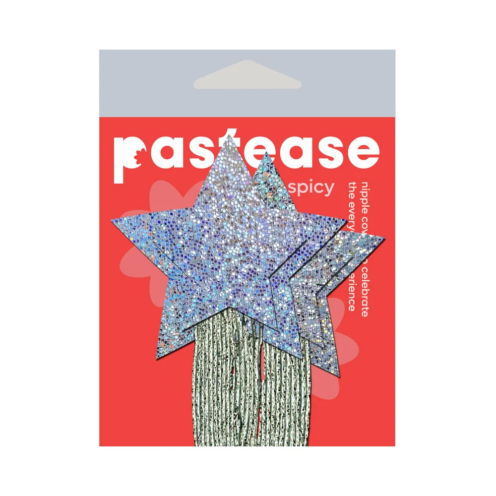 Pastease Star: Tassel Pasties: Silver Glitter Star with Fringe Pasties - Image 4