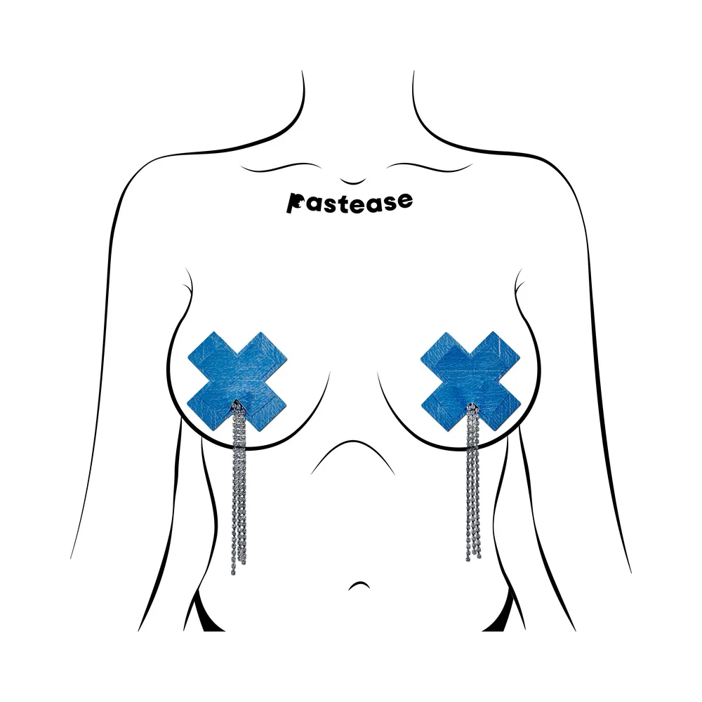 Pastease Tassel Pasties: Denim Plus X with Long Rhinestone Tassel - Image 2