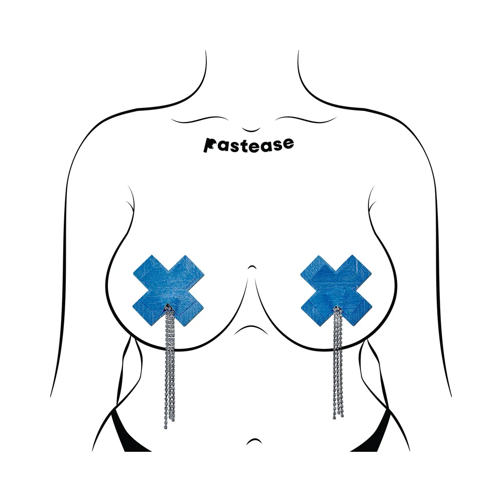 Pastease Tassel Pasties: Denim Plus X with Long Rhinestone Tassel - Image 3