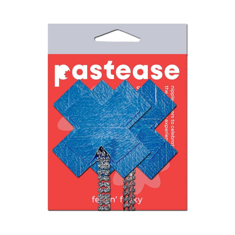 Pastease Tassel Pasties: Denim Plus X with Long Rhinestone Tassel - Image 4