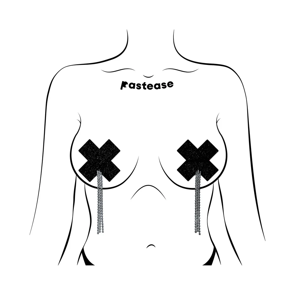Pastease Tassel Pasties: Black Sparkle Plus X with Long Rhinestone Tassel - Image 2