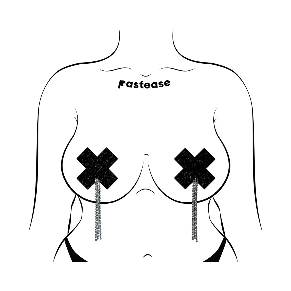 Pastease Tassel Pasties: Black Sparkle Plus X with Long Rhinestone Tassel - Image 3