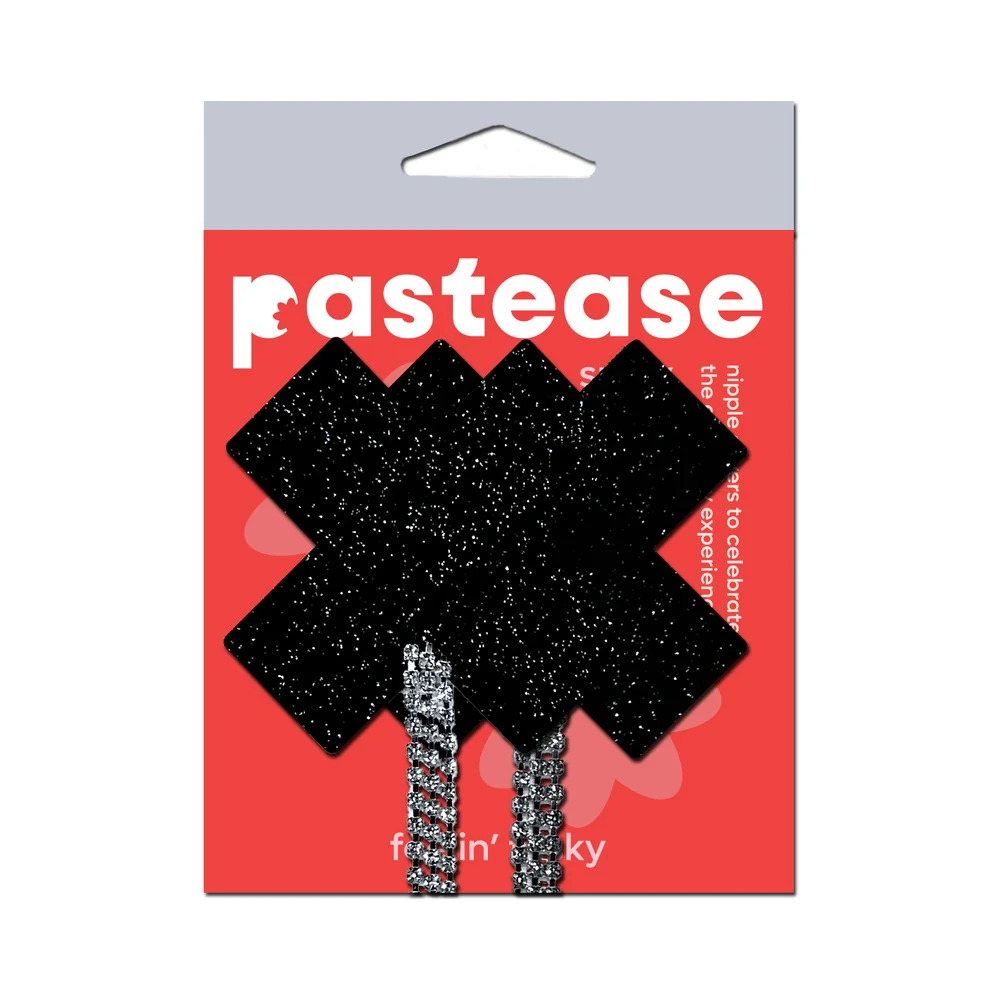 Pastease Tassel Pasties: Black Sparkle Plus X with Long Rhinestone Tassel - Image 4