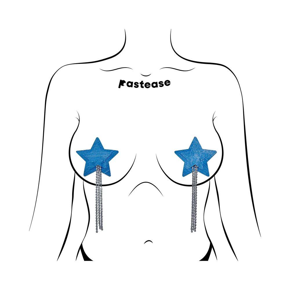Pastease Tassel Pasties: Denim Star Pastease with Long Rhinestone Tassel - Image 2