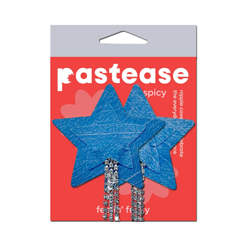 Pastease Tassel Pasties: Denim Star Pastease with Long Rhinestone Tassel - Image 4