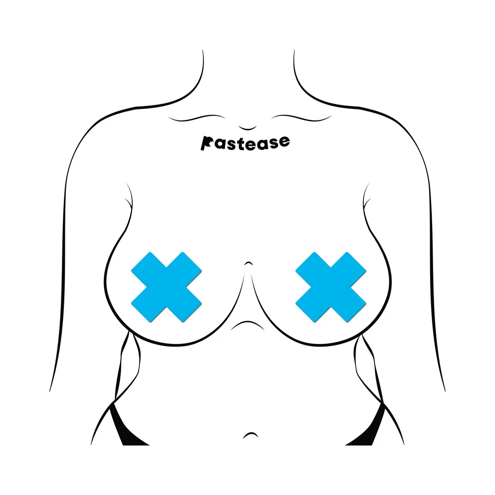 Pastease Plus X: Glow-in-the-Dark Neon Turquoise Cross Pasties Nipple Covers - Image 3