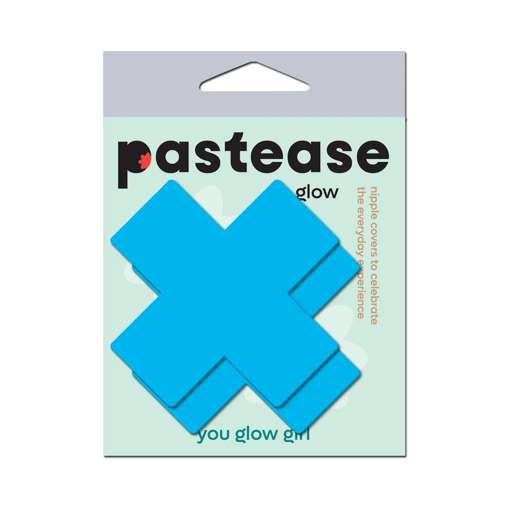 Pastease Plus X: Glow-in-the-Dark Neon Turquoise Cross Pasties Nipple Covers - Image 7