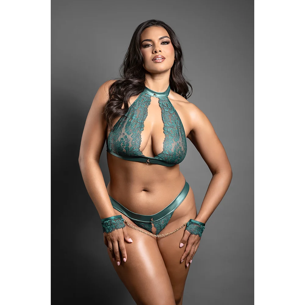 Fantasy Lingerie Domina Keyhole Halter Bralette & Open Panty with Detachable Chain-Link Cuffs Pine Green Queen Size - Image 2