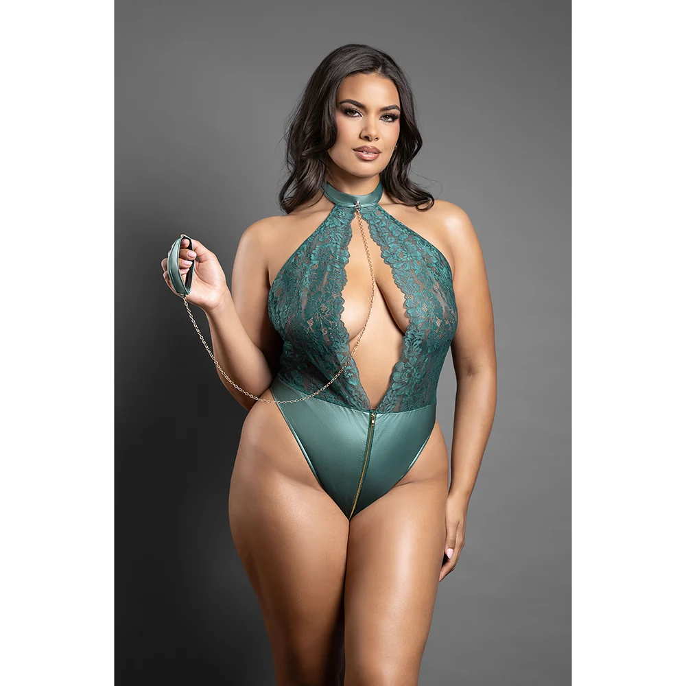 Fantasy Lingerie Domina Keyhole Halter Teddy with Detachable Chain-Link Leash Pine Green Queen Size - Image 2