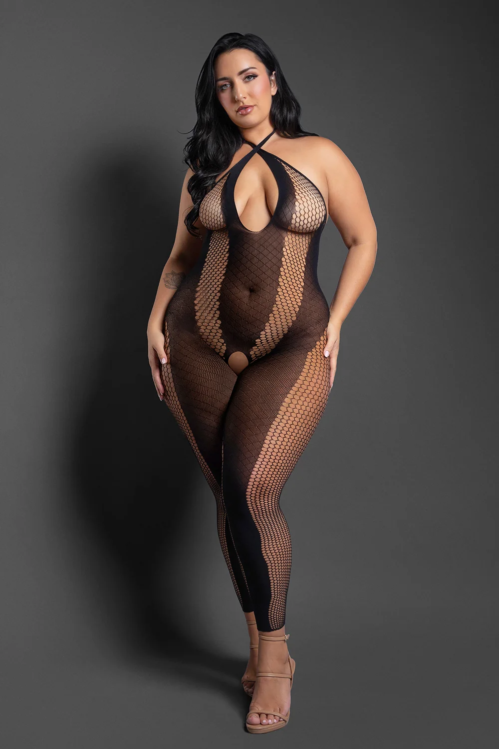 Fantasy Lingerie Sheer Make Your Move Footless Open-Crotch Halter Bodystocking Black Queen Size - Image 4