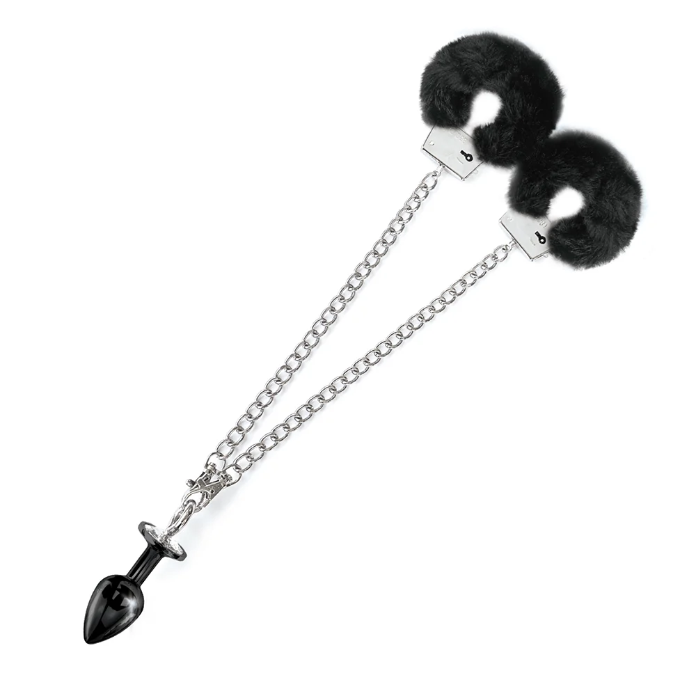 NIXIE Metal Butt Plug & Furry Handcuff Set Medium Black - Image 7