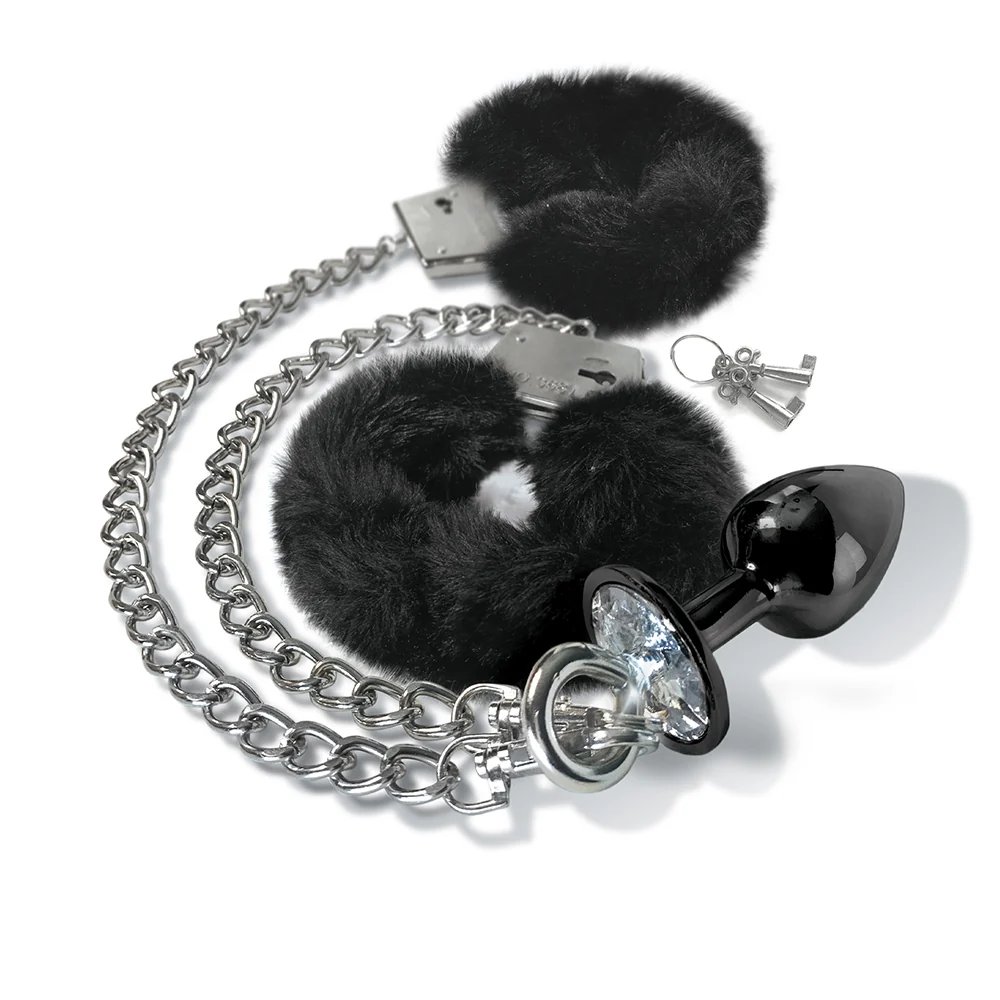 NIXIE Metal Butt Plug & Furry Handcuff Set Medium Black - Image 8