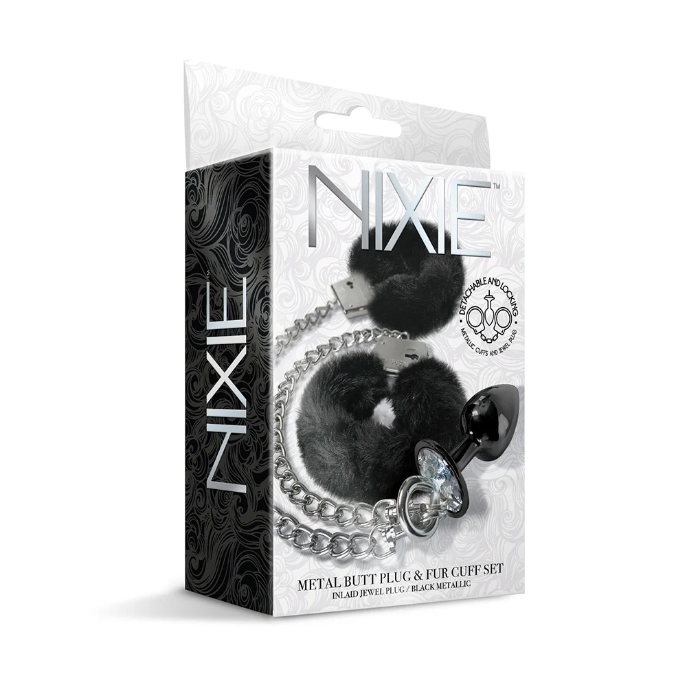 NIXIE Metal Butt Plug & Furry Handcuff Set Medium Black - Image 11