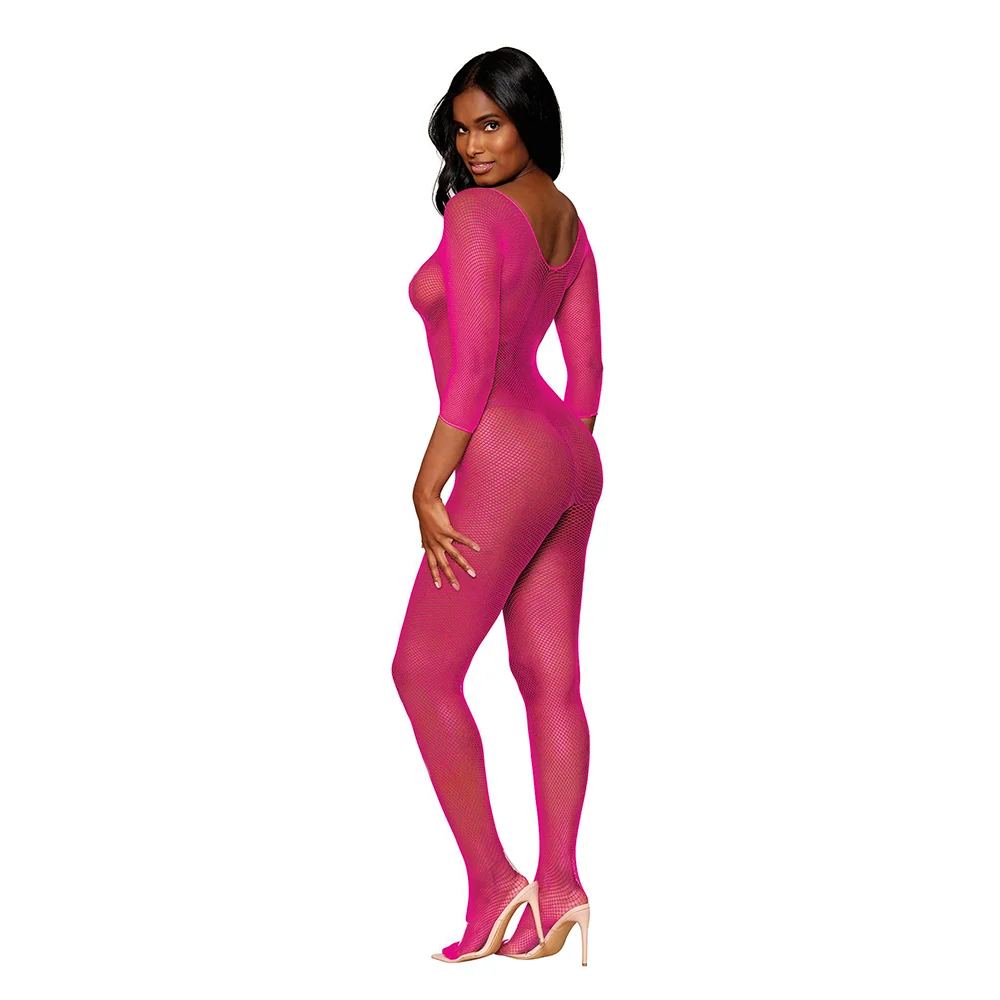 Dreamgirl Three-Quarter Sleeve Fishnet Bodystocking Open-Crotch Neon Pink O/S - Image 3