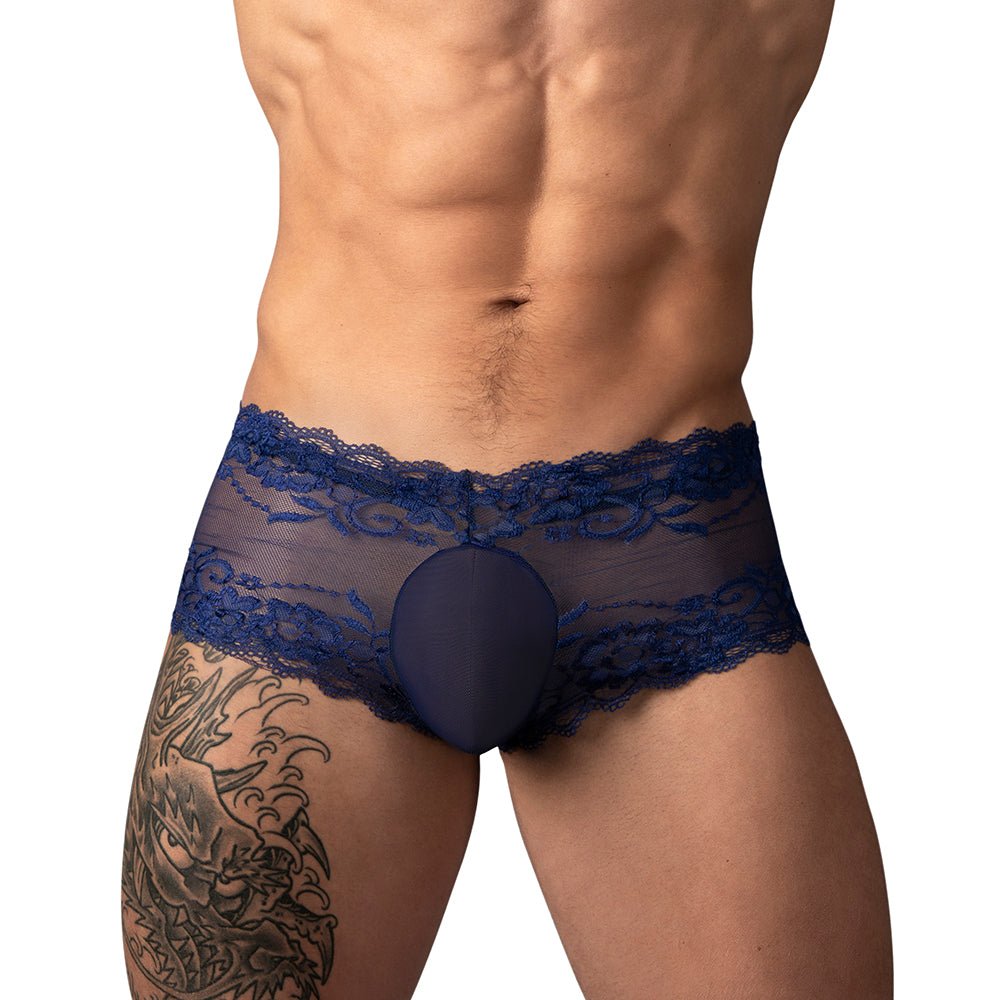 Male Power Sassy Lace Mini Short Sheer Pouch Navy M - Image 2