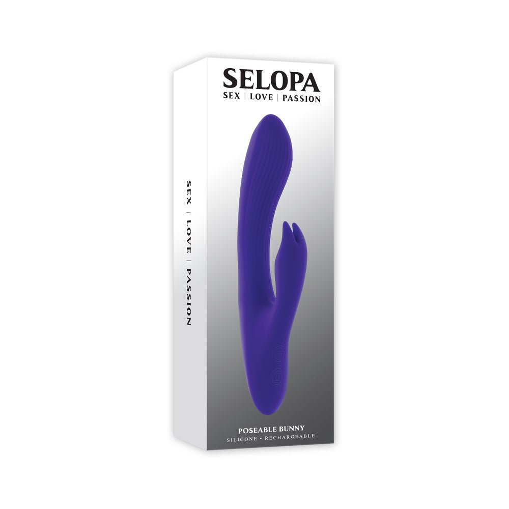Selopa Poseable Bunny dual stimulator in purple on branded retail packaging